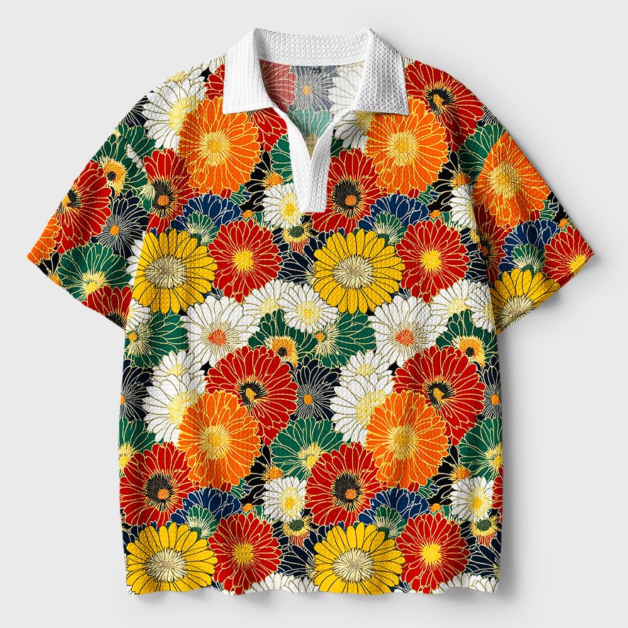 Kyoto-Lion Colorful Chrysanthemums Crochet Polo Shirt