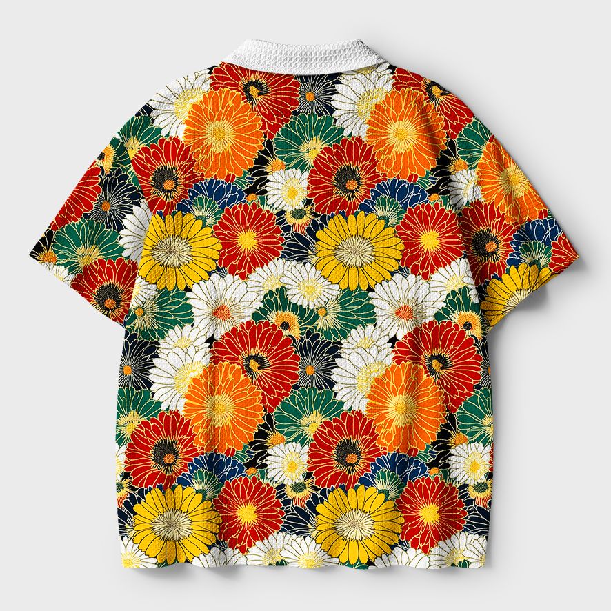 Kyoto-Lion Colorful Chrysanthemums Crochet Polo Shirt