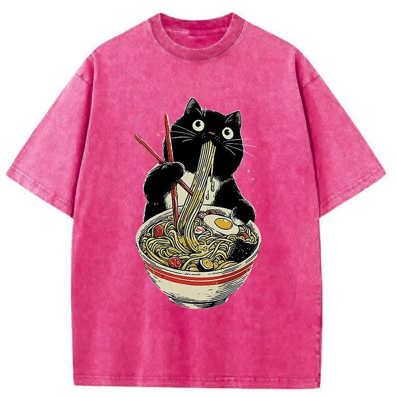 Kyoto-Lion Black Cat Eats Ramen Japanese Washed T-Shirt