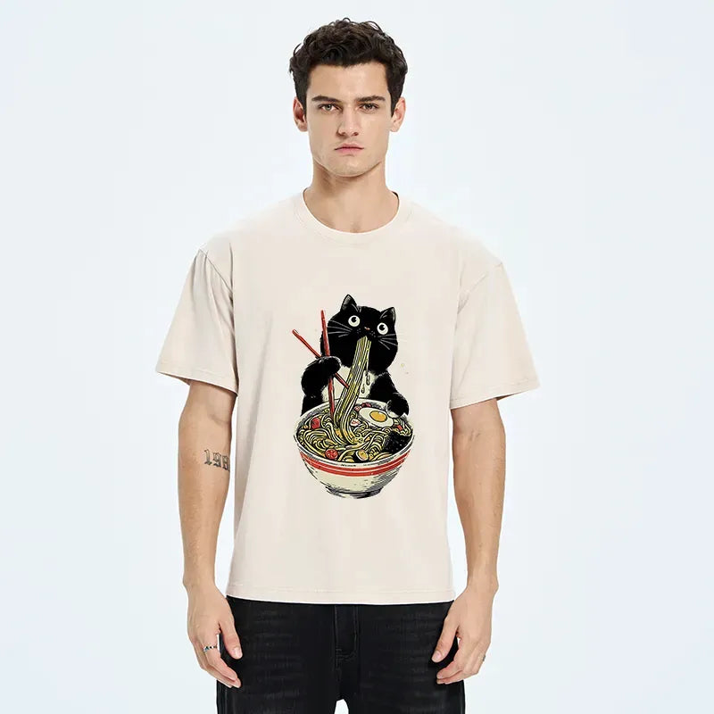 Kyoto-Lion Black Cat Eats Ramen Japanese Washed T-Shirt