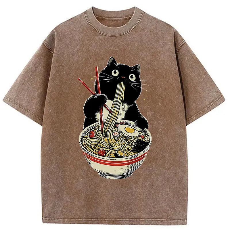 Washed Japanese Cat T-Shirt Casual Wear