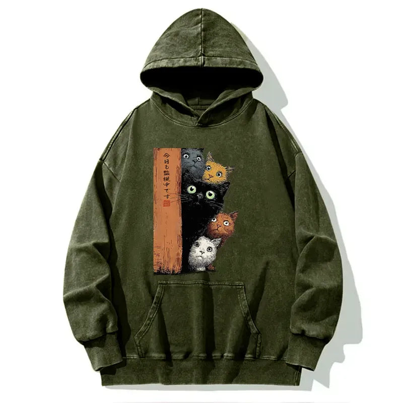 Five Cats Watching You Washed Hoodie Japanese Streetwear