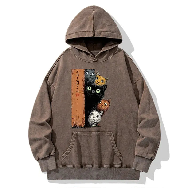 Five Cats Watching You Washed Hoodie Japanese Streetwear