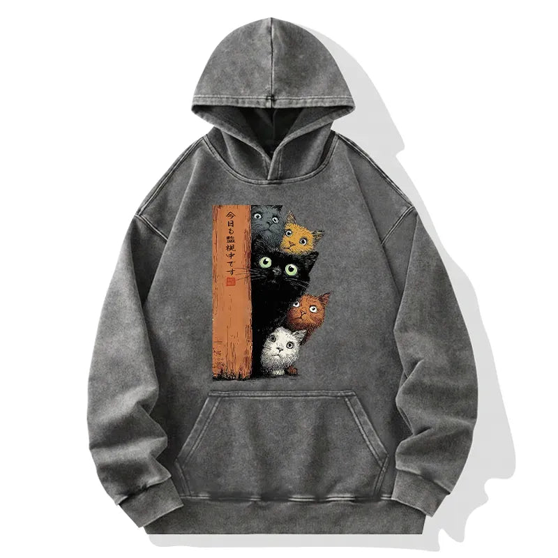 Five Cats Watching You Washed Hoodie Japanese Streetwear