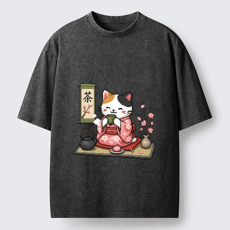 Kyoto-Lion Cute Pixel Cat Japanese Tea Scene Washed T-Shirt