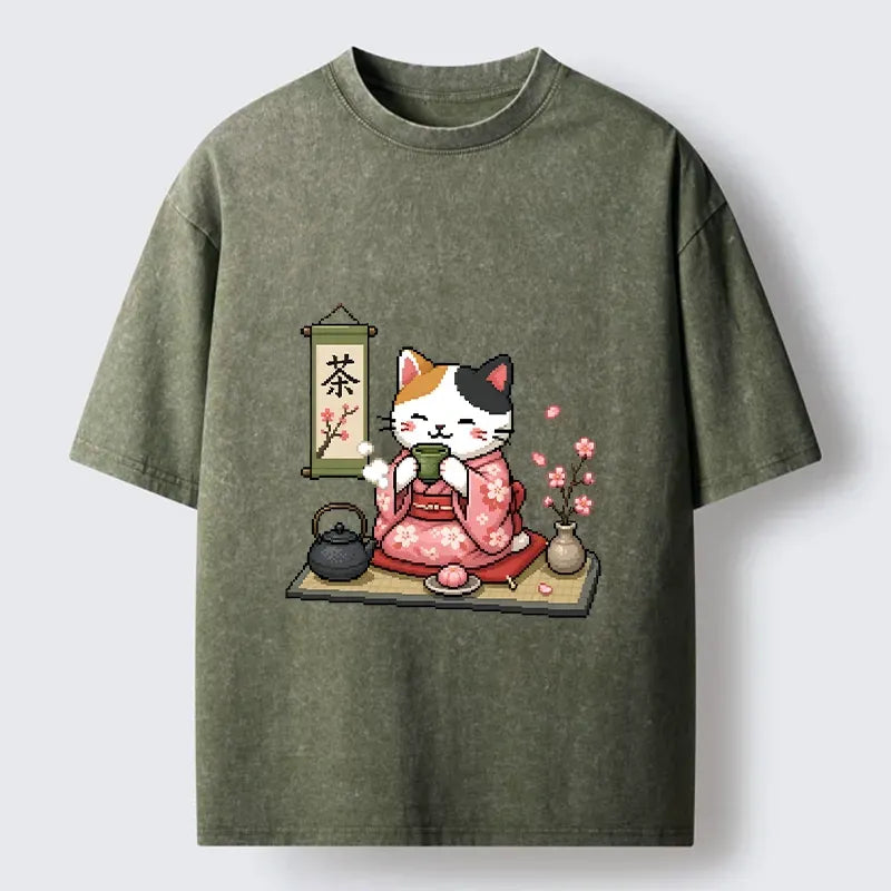 Kyoto-Lion Cute Pixel Cat Japanese Tea Scene Washed T-Shirt
