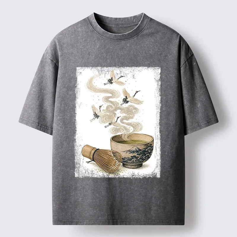 Kyoto-Lion Wabi Sabi Tea Bowl Flying Cranes Print Washed T-Shirt