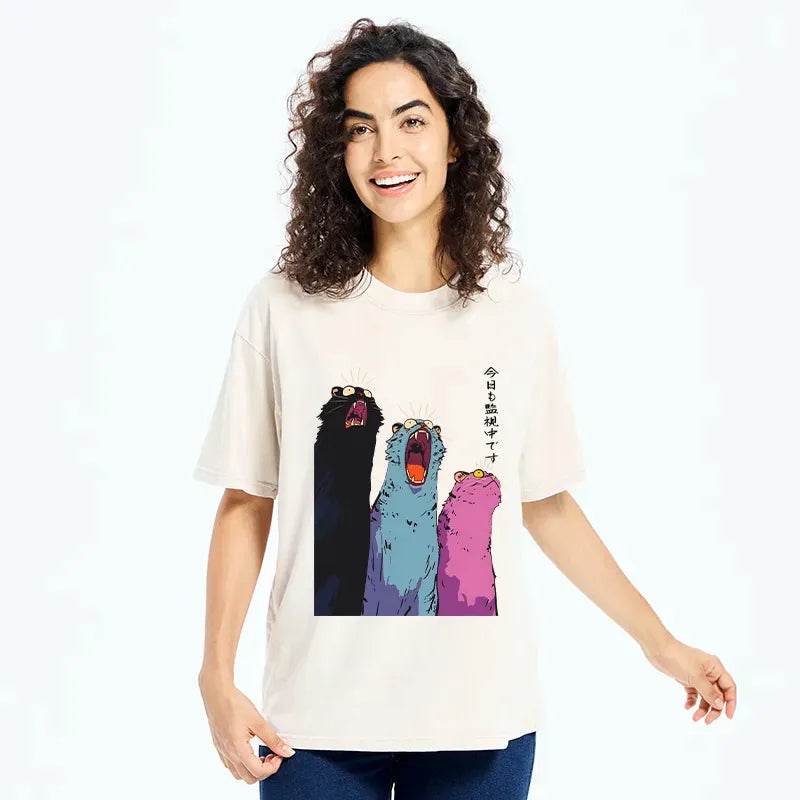 Japanese washed cat t-shirt for streetwear