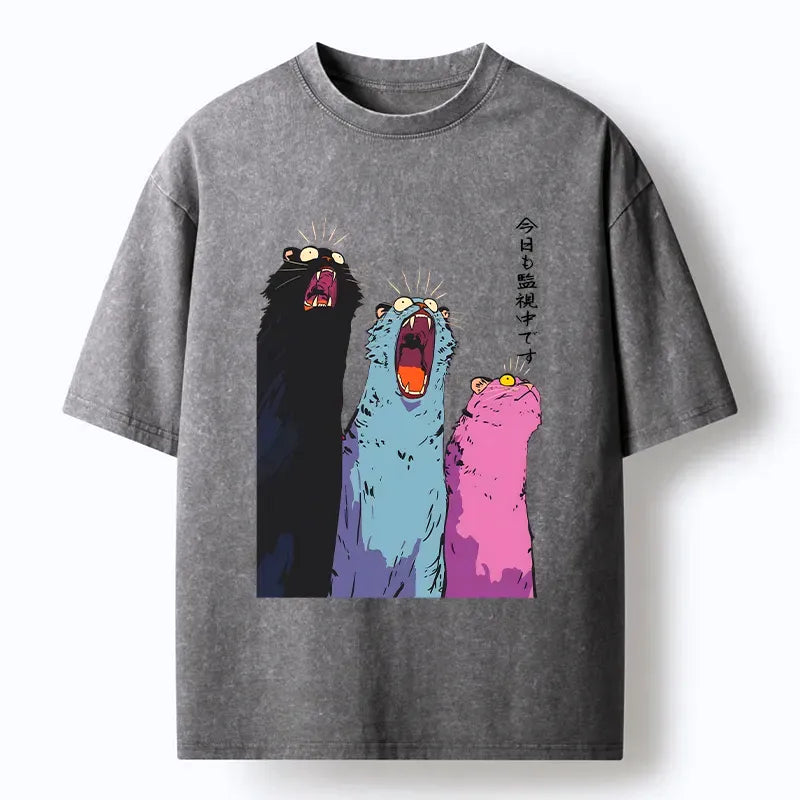 Japanese washed cat t-shirt for streetwear