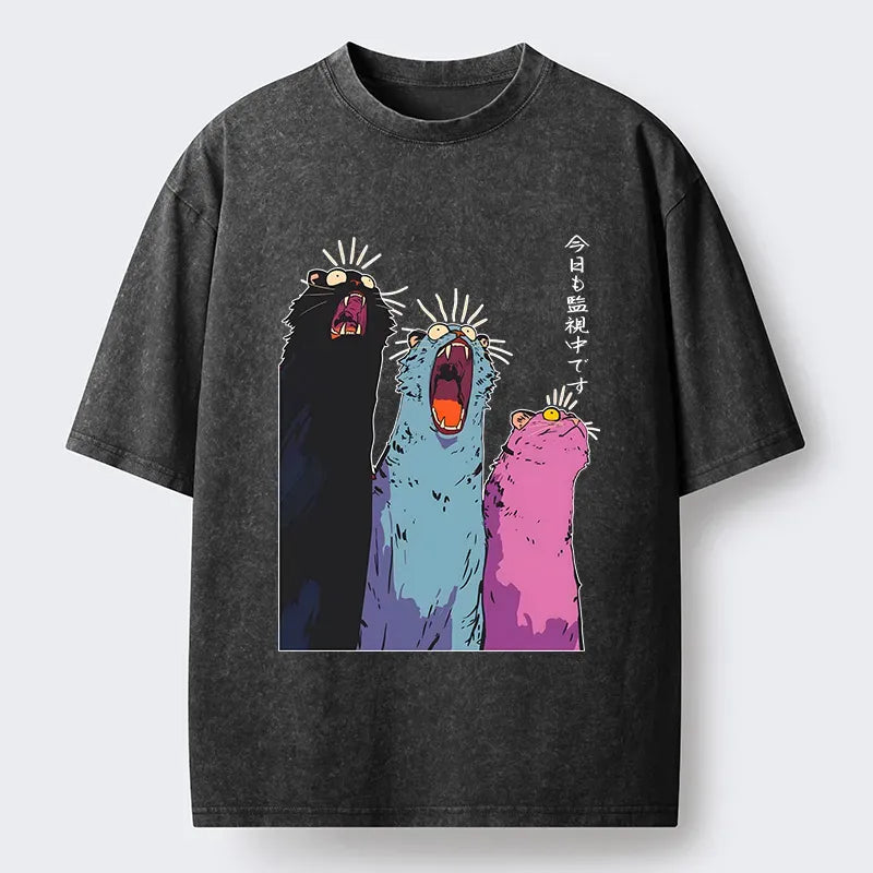 Japanese washed cat t-shirt for streetwear