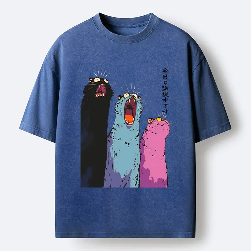 Kyoto-Lion Howling Cat Washed T-Shirt