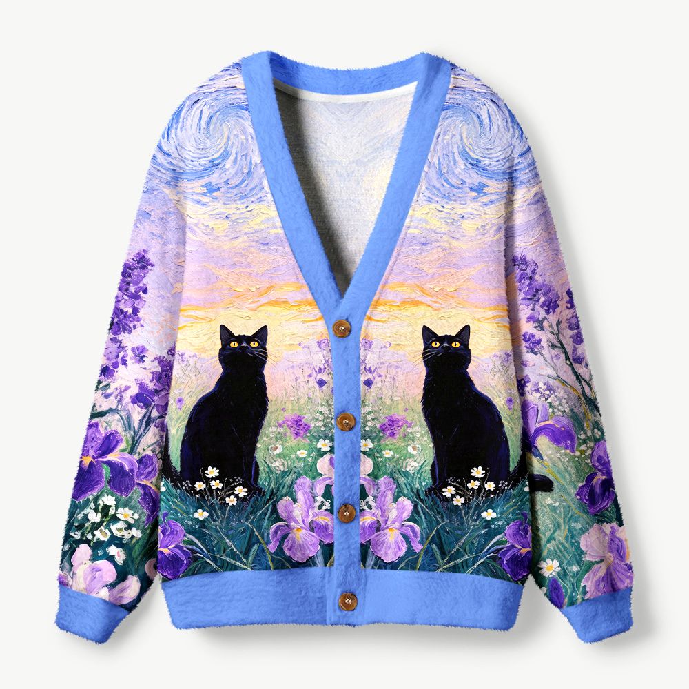 Kyoto-Lion Van Gogh Starry Night Cat Ugly Cardigan Sweater
