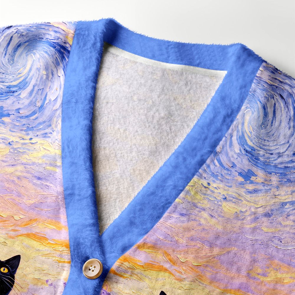 Kyoto-Lion Van Gogh Starry Night Cat Ugly Cardigan Sweater