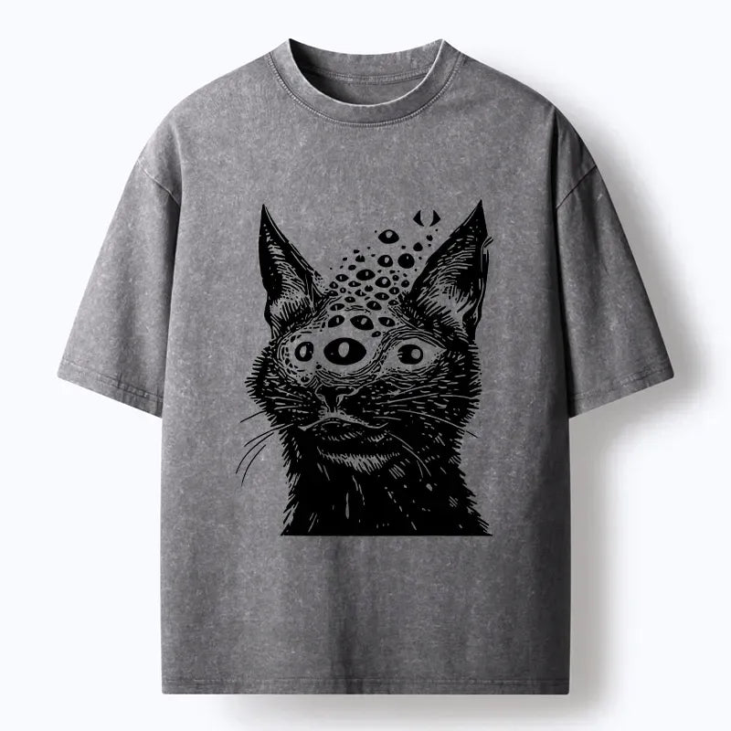 Kyoto-Lion Trippy Cat Third Eye Meme Washed T-Shirt