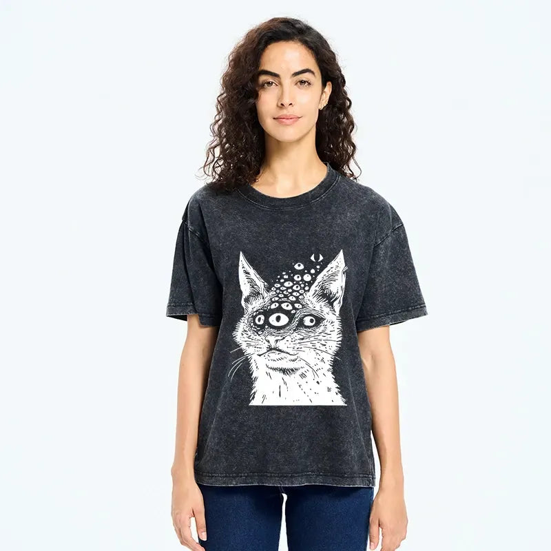 Kyoto-Lion Trippy Cat Third Eye Meme Washed T-Shirt