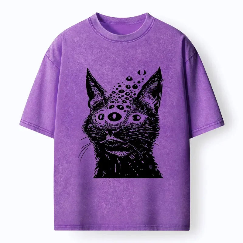 Kyoto-Lion Trippy Cat Third Eye Meme Washed T-Shirt