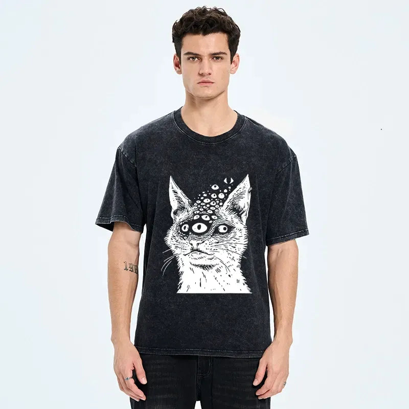 washed Japanese meme cat t-shirt gift idea