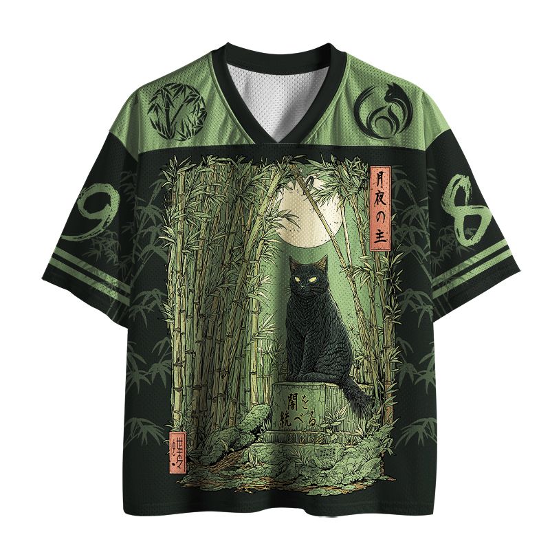 Kyoto-Lion Japanese Ukiyo-e Black Cat Bamboo Mesh Jersey