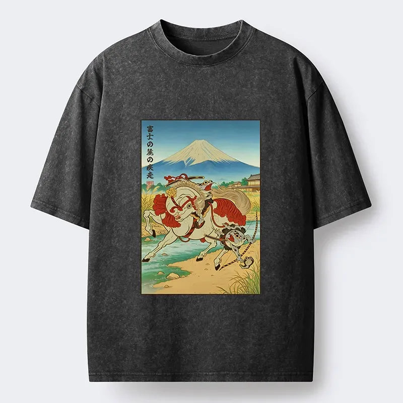 Kyoto-Lion Samurai Frog Under Mount Fuji Washed T-Shirt
