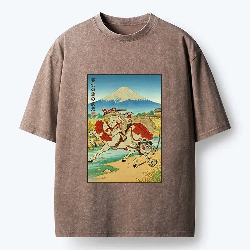 Kyoto-Lion Samurai Frog Under Mount Fuji Washed T-Shirt