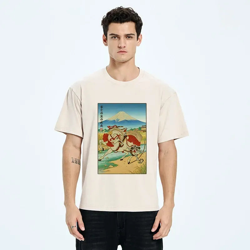 Kyoto-Lion Samurai Frog Under Mount Fuji Washed T-Shirt