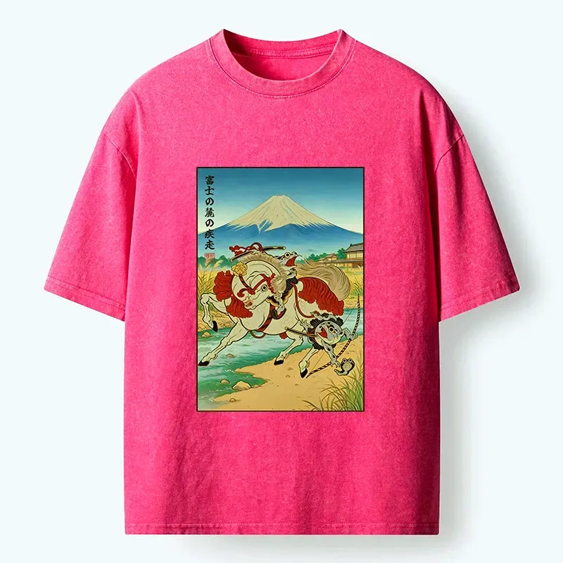 Kyoto-Lion Samurai Frog Under Mount Fuji Washed T-Shirt