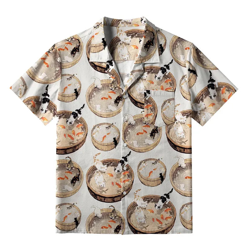 Kyoto-Lion Cat Teasing Fish Aloha Hawaiian Shirt