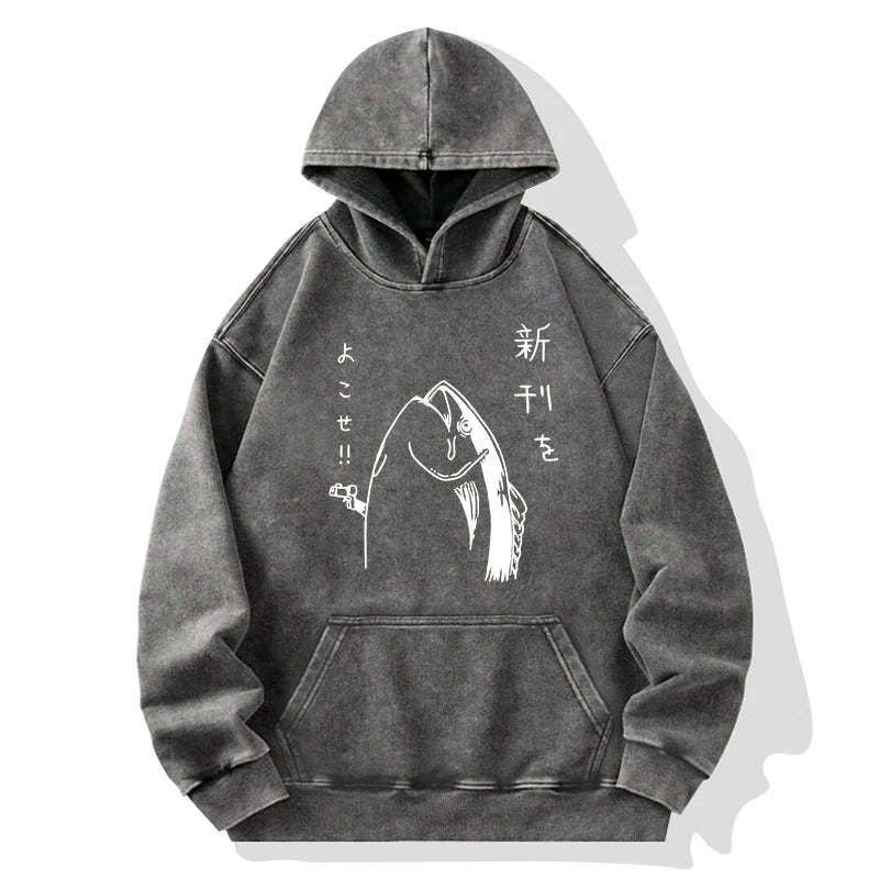 Kyoto-Lion Japanese Fish Hold Up White Washed Hoodie