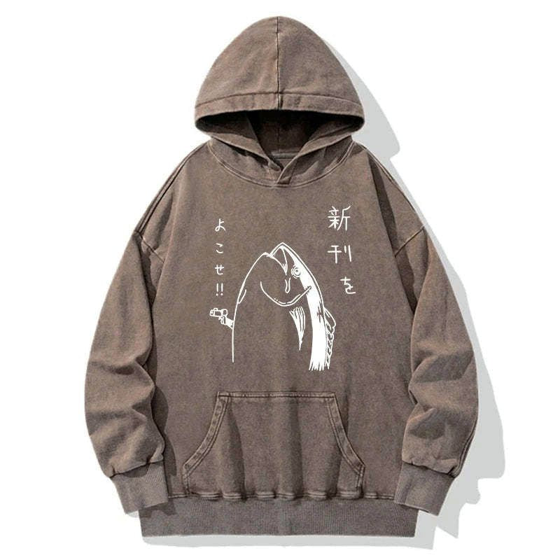 Kyoto-Lion Japanese Fish Hold Up White Washed Hoodie