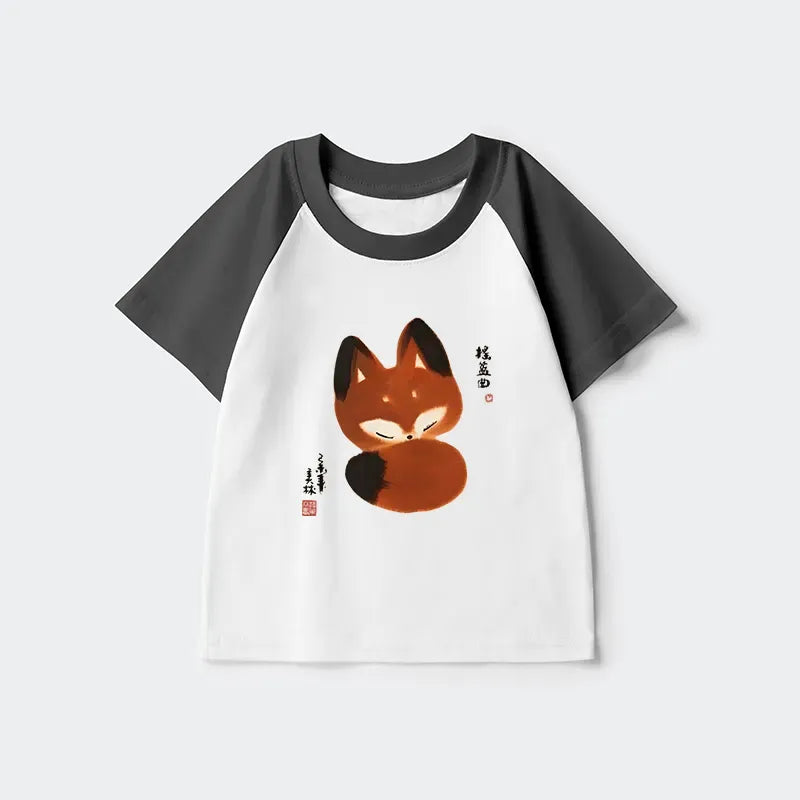 Kyoto-Lion Cute Fox Kids Raglan T-shirt