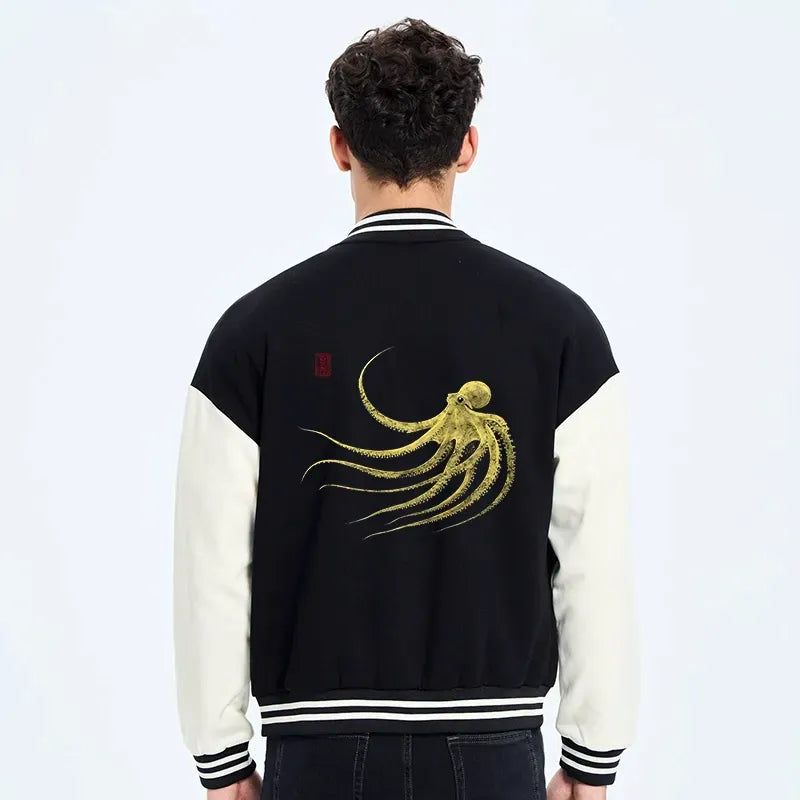 Kyoto-Lion Retro Octopus Japanese Embroidery Varsity Jacket