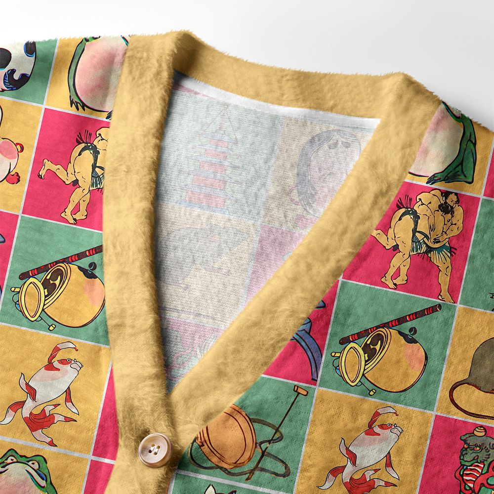 Kyoto-Lion Playful Ukiyo-e Patchwork Ugly Cardigan Sweater