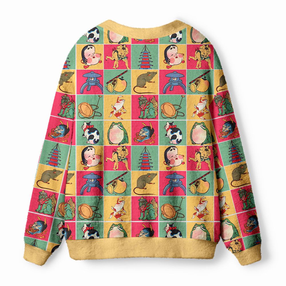 Kyoto-Lion Playful Ukiyo-e Patchwork Ugly Cardigan Sweater