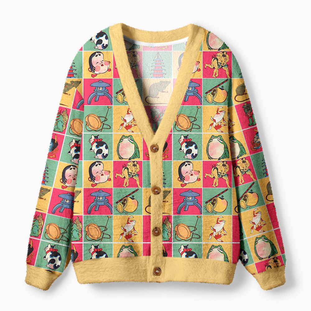 Kyoto-Lion Playful Ukiyo-e Patchwork Ugly Cardigan Sweater