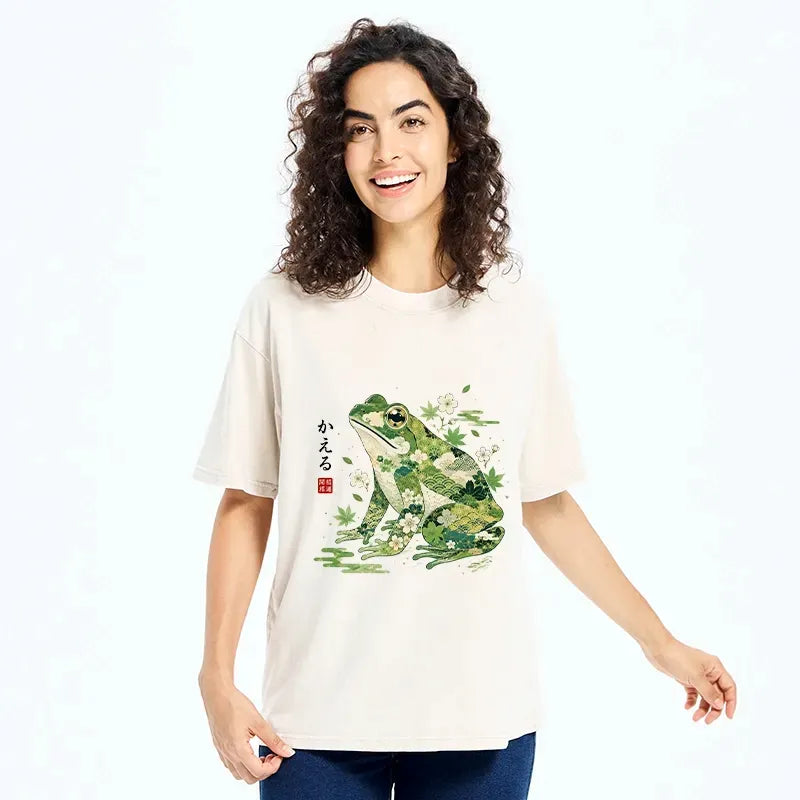 Kyoto-Lion Lucky Floral Frog For Good Fortune Wish Washed T-Shirt