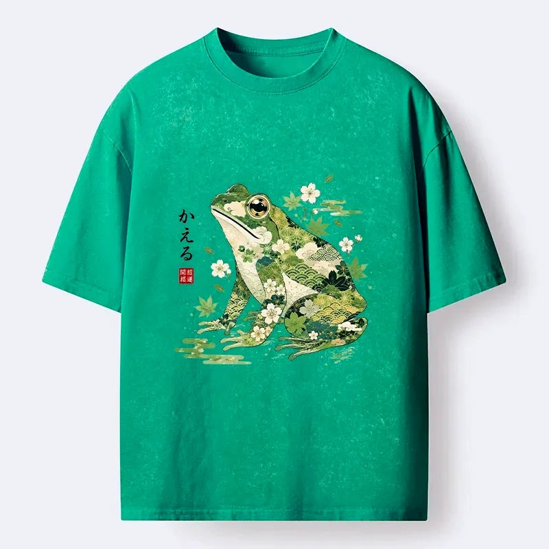 Kyoto-Lion Lucky Floral Frog For Good Fortune Wish Washed T-Shirt
