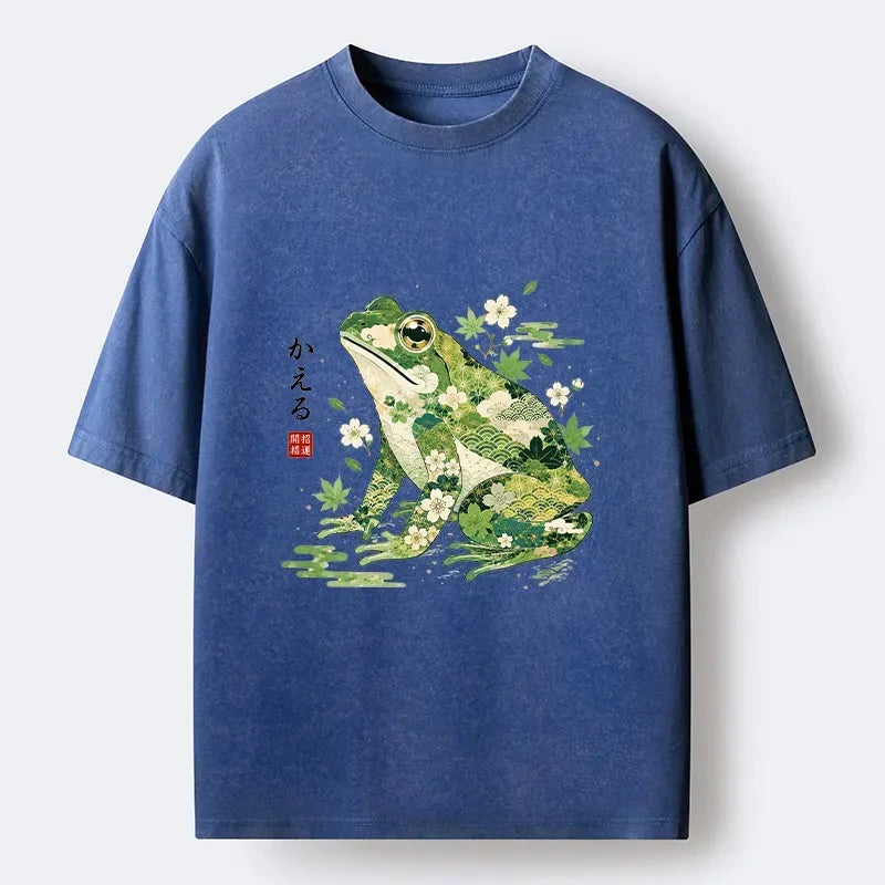Kyoto-Lion Lucky Floral Frog For Good Fortune Wish Washed T-Shirt