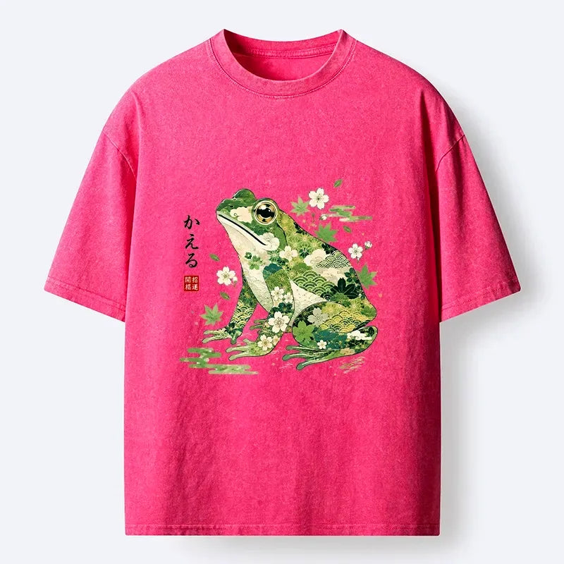 Kyoto-Lion Lucky Floral Frog For Good Fortune Wish Washed T-Shirt