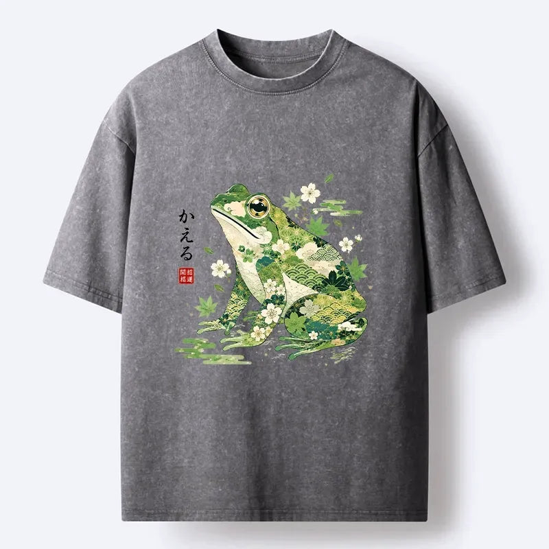 Kyoto-Lion Lucky Floral Frog For Good Fortune Wish Washed T-Shirt