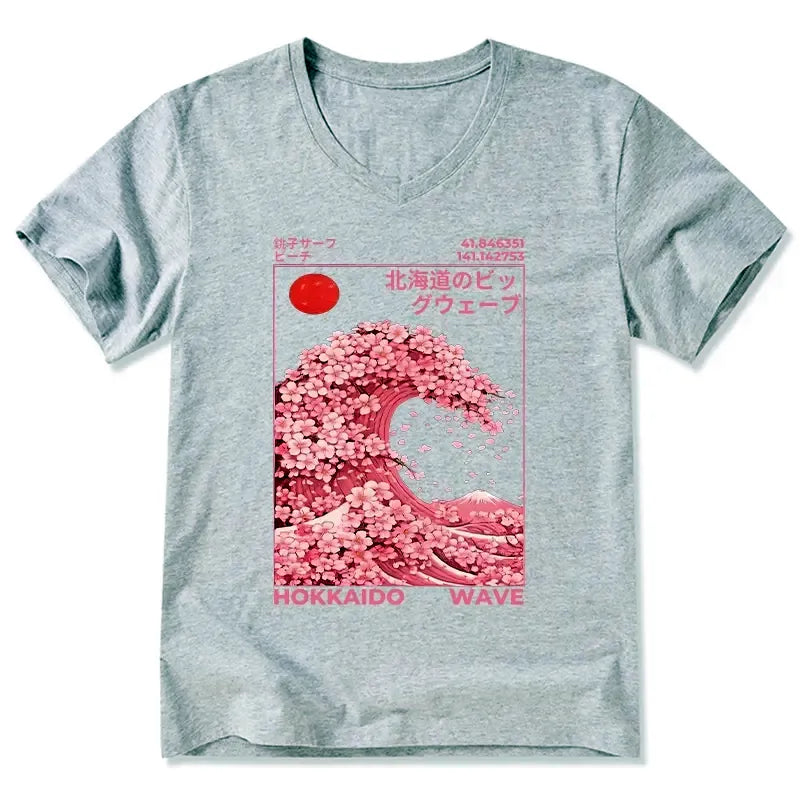 Japanese Sakura V-Neck T-Shirt for Summer