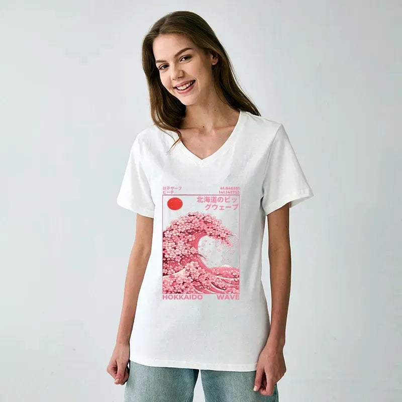Japanese Sakura V-Neck T-Shirt for Summer