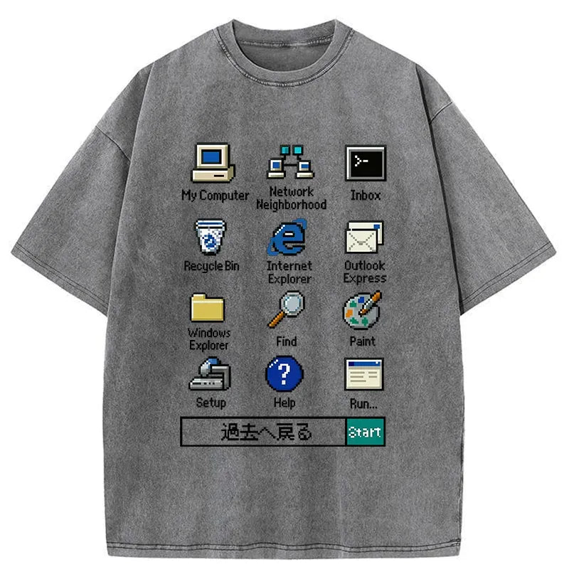 Kyoto-Lion Retro Computer Washed T-Shirt