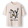 Kyoto-Lion Cute Penguin Play Drum Drink Wine Print Washed T-Shirt