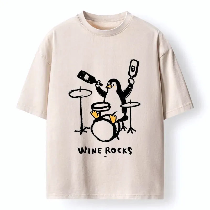 Kyoto-Lion Cute Penguin Play Drum Drink Wine Print Washed T-Shirt