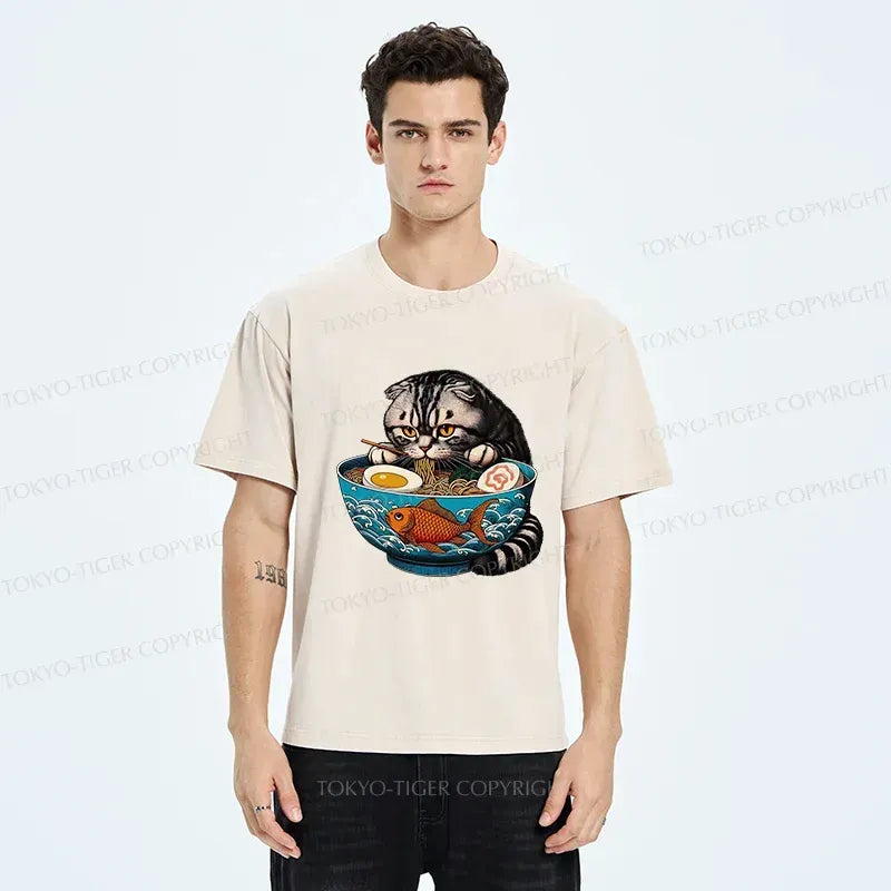 Kyoto-Lion American Shorthair Cat Eating Ramen Washed T-Shirt
