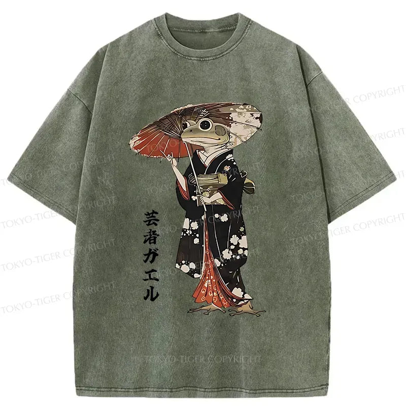Japanese Geisha Frog Washed T-Shirt
