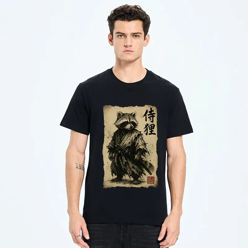 Vintage Raccoon Samurai T-Shirt for Streetwear