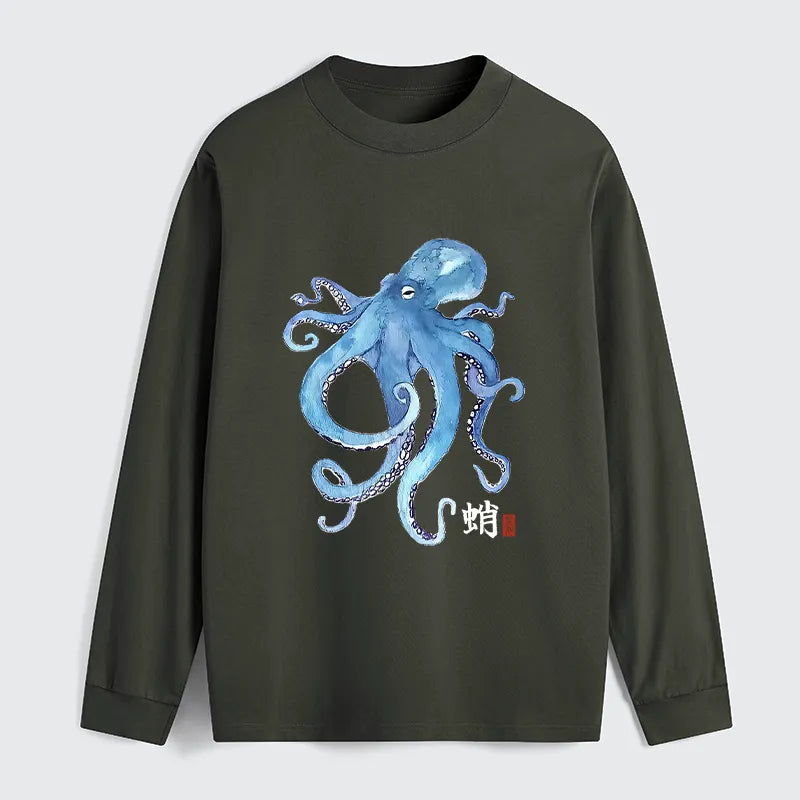 Kyoto-Lion Watercolor Blue Octopus Classic Long Sleeve T-Shirt