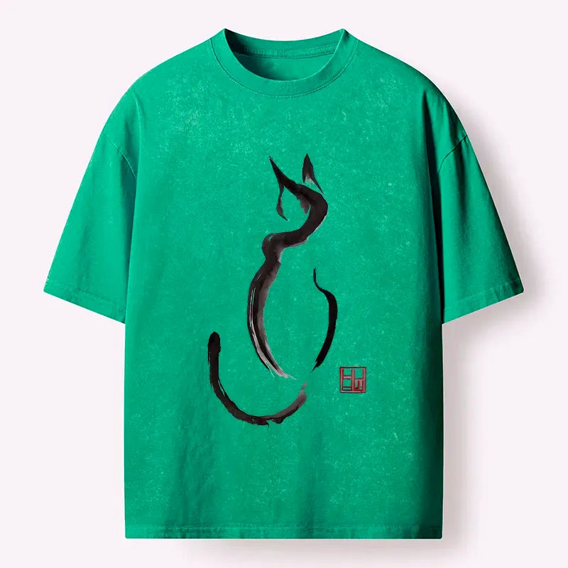 Kyoto-Lion Minimalist Cat Ink Washed T-Shirt
