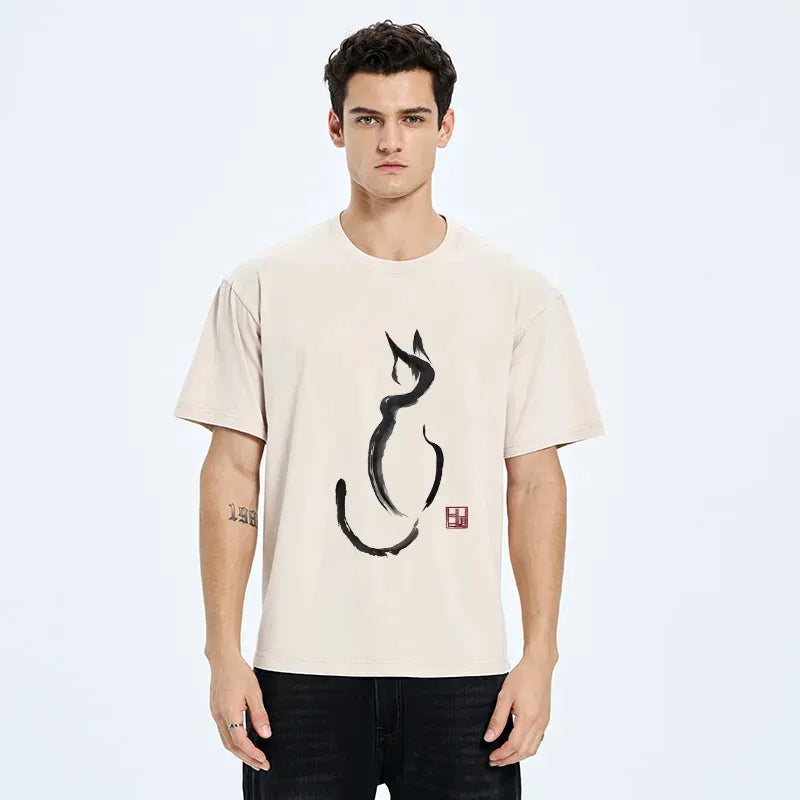 Kyoto-Lion Minimalist Cat Ink Washed T-Shirt